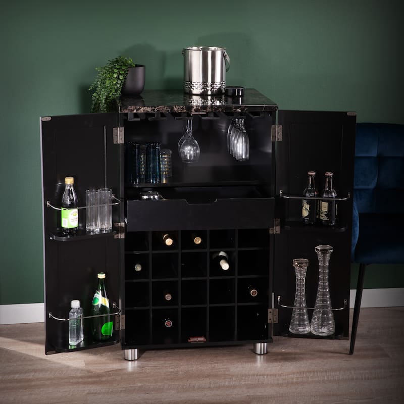 SEI Furniture Cornelia Black Wine Bar Cabinet with Faux Marble Top