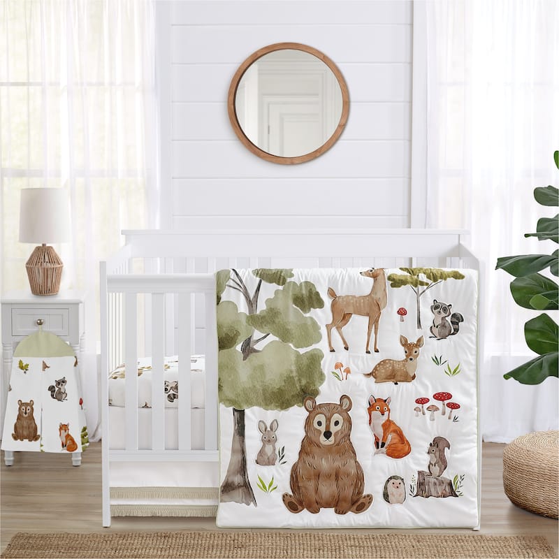 Sweet Jojo Designs Woodland Forest Animals Boy Girl Gender Neutral Unisex 4p Nursery Crib Bedding Set Bear Fox Friend Watercolor