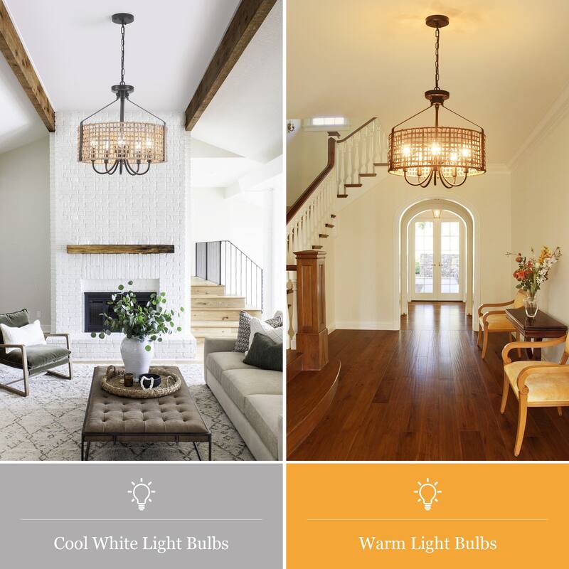 18.35inch 5 Lights Adjustable Height Bohemian Chandelier with Hand Woven Rattan Shade Suitable for Multiple Rooms