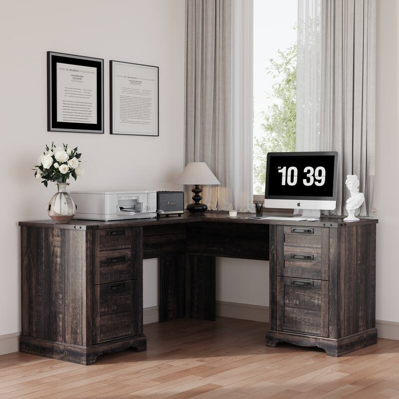 L Shaped Desk, Wood Office Desk with Charging Station, File Drawer - Black