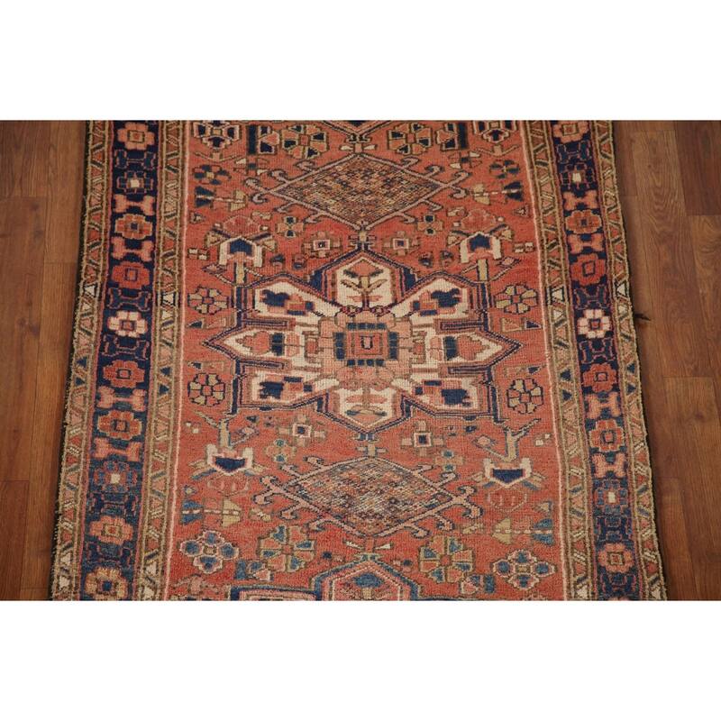 Geometric Heriz Persian Vintage Runner Rug Hand-Knotted Wool Carpet - 3'3"x 11'2"