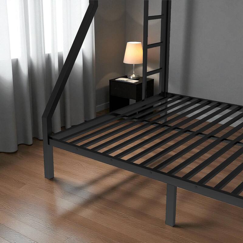 Metal Twin XL over Queen Bunk Bed Frame with Guardrails, Two-Side Ladder, Noise-Free & Space-Saving Design