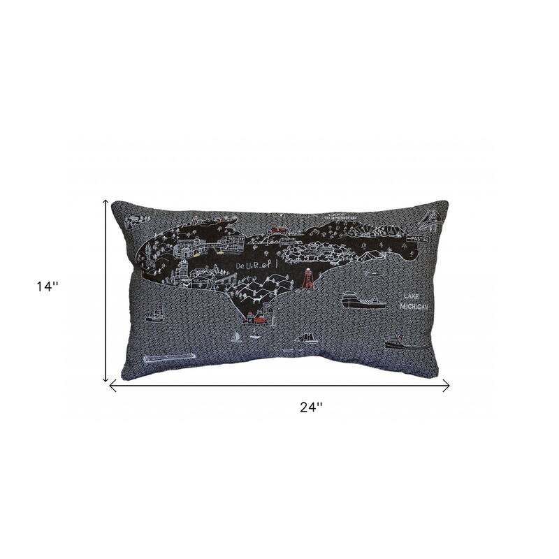 HomeRoots 25" Black Michigan Upper Peninsula Nighttime Skyline Lumbar Decorative Pillow