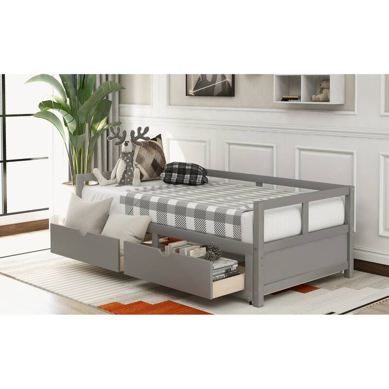 Extendable Daybed with Trundle & 2 Drawers, Twin to King Daybed w/Solid Wood Roll Out Bed Frame