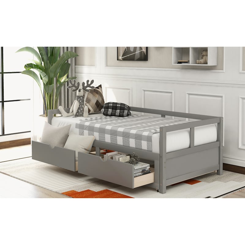 Twin Size Wooden Daybed with Trundle and Storage Drawers for Living Room, Guest Rooms - Expandable Sofa Bed