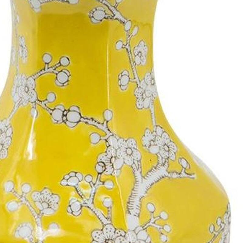 14" Yellow And White Chinoiserie Floral Porcelain Table Vase - 7.30
