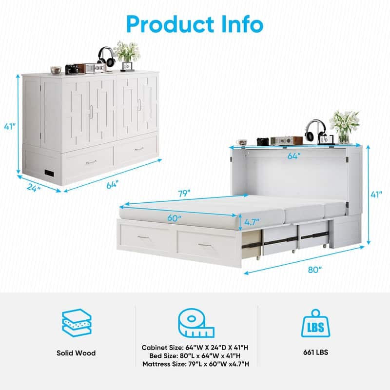 Mixoy Queen Modern Murphy Bed Chest with Mattress,Storage Drawer,Charging Station
