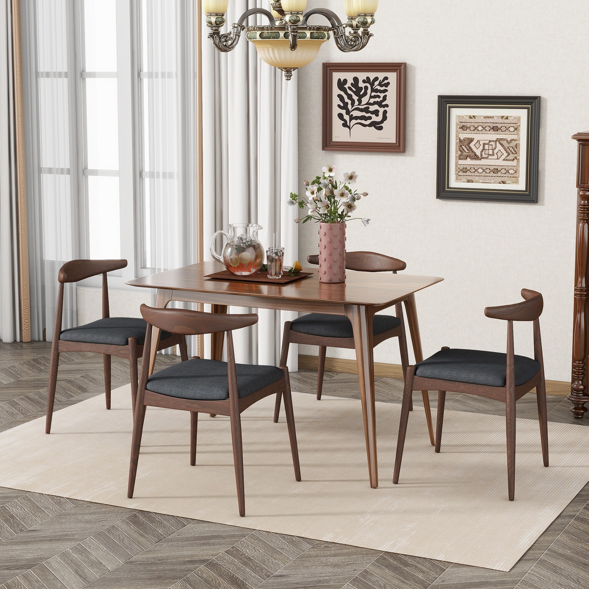 Roomfitters 5-Piece Mid-Century Dining Set, 47" Walnut Table with 4 Ergonomic Upholstered Chairs