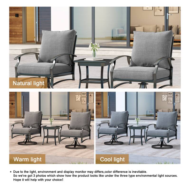 3 Piece Patio Metal Swivel Chair Seating Group with Side Table