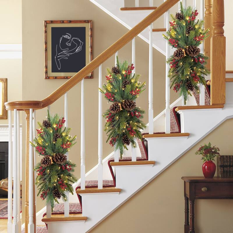 Puleo International 28" Pre-Lit Artificial Adorned Battery-Operated Banister Swag
