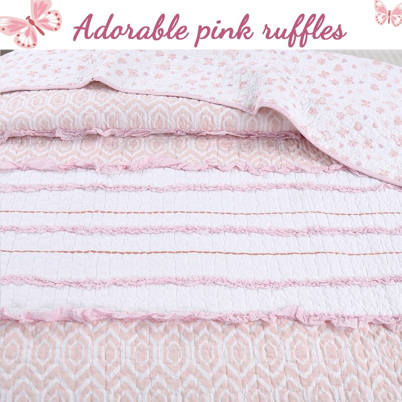 Cozy Line Pretty in Pink Ruffle Stripe Cotton Quilt Bedding Set