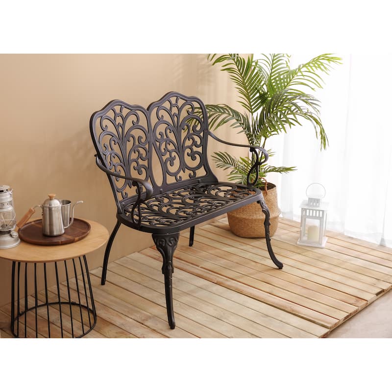 Patio Garden Bench Metal Park Bench Cast Aluminum Outdoor Furniture With Floral Rose For Patio,Park,Lawn,Yard