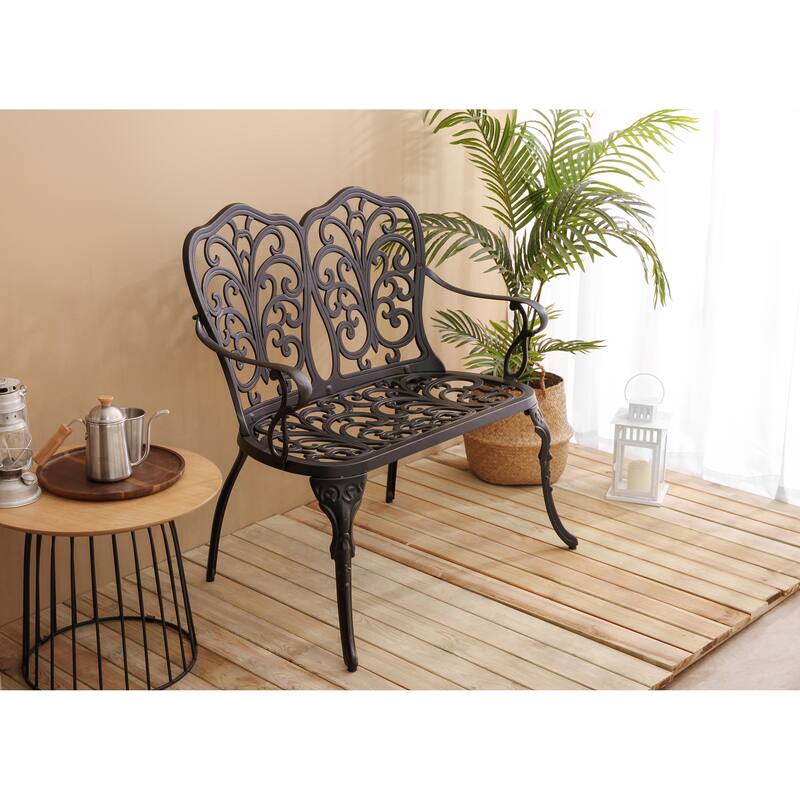 Patio Garden Bench Metal Park Bench Cast Aluminum Outdoor Furniture With Floral Rose For Patio (Excluding the table)