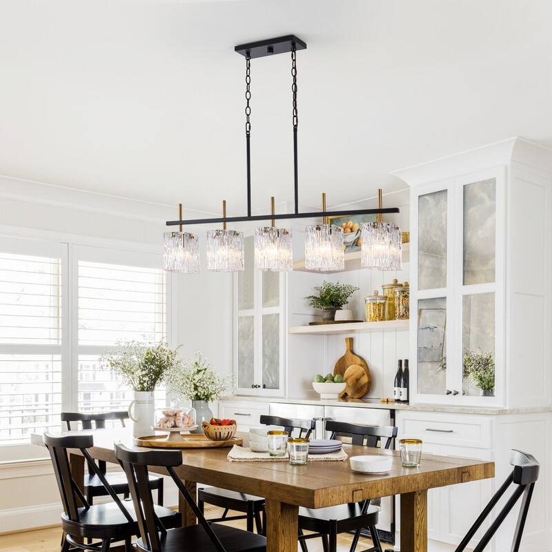 KAWOTI 5-light Linear Kitchen Island Pendant with Glam Glass Shade - Black&Gold