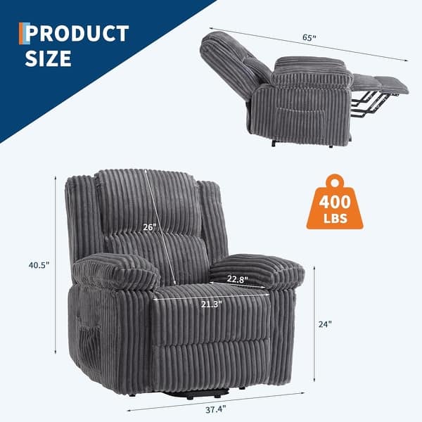 dimension image slide 2 of 5, Recliner Chair Corduroy Manual Recliner Sofa Hles Pillow-Top Armrests Thick Cushions Side Pockets 400 Lb Weight