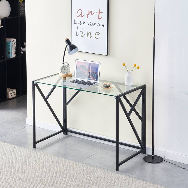 Tempered Black Glass Computer Desk, Laptop Desk, PC Laptop Table with Metal Frame, Writting Desk - White