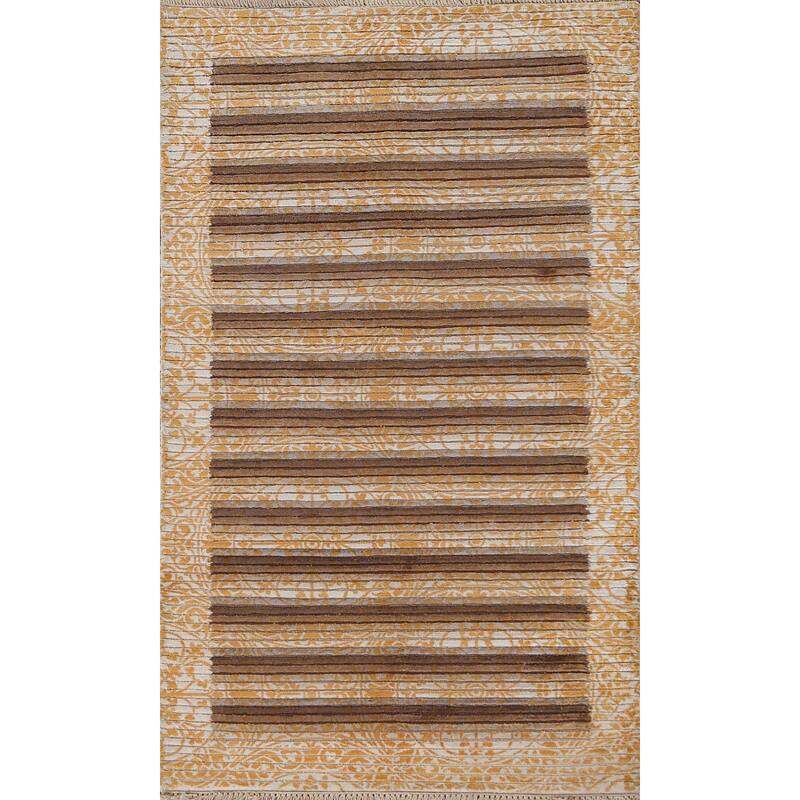 Striped Abstract Oriental Accent Rug Handmade Modern Wool Carpet - 2'9"x 4'11"