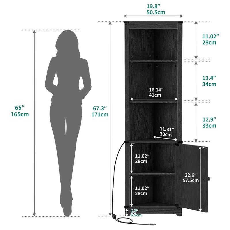 Moasis LED Corner Storage Cabinet with Light Farmhouse Tall Corner Cabinet with Barn Door Design