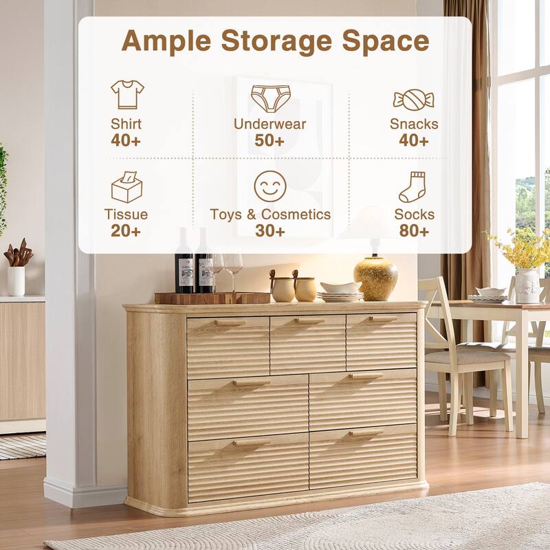 Mid-Century Modern 6 Drawers/7 Drawers Dresser for Bedroom, Tall Dresser & Chest of Drawers with Curved Profile Design - Oak - 7-drawer