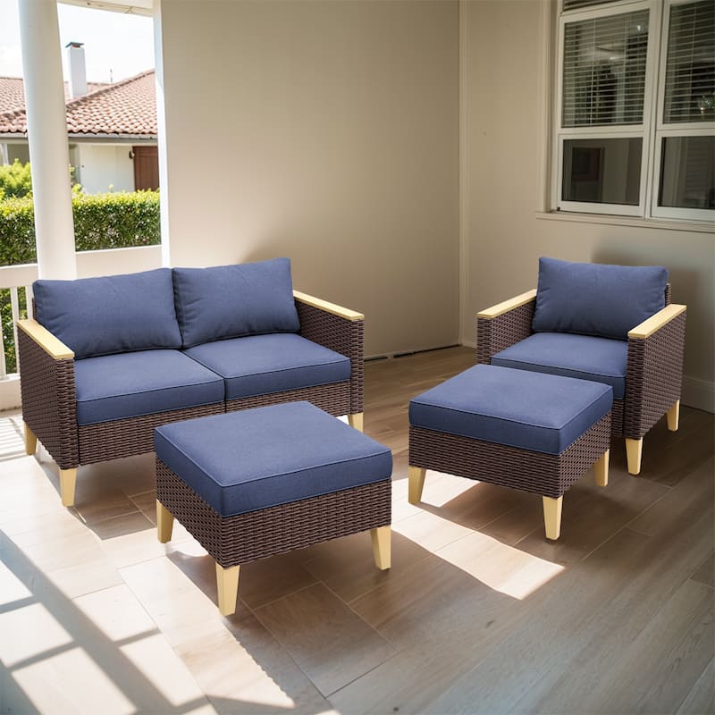 Outdoor Loveseat Sofa,Patio Chair with Ottoman - Blue - Brown