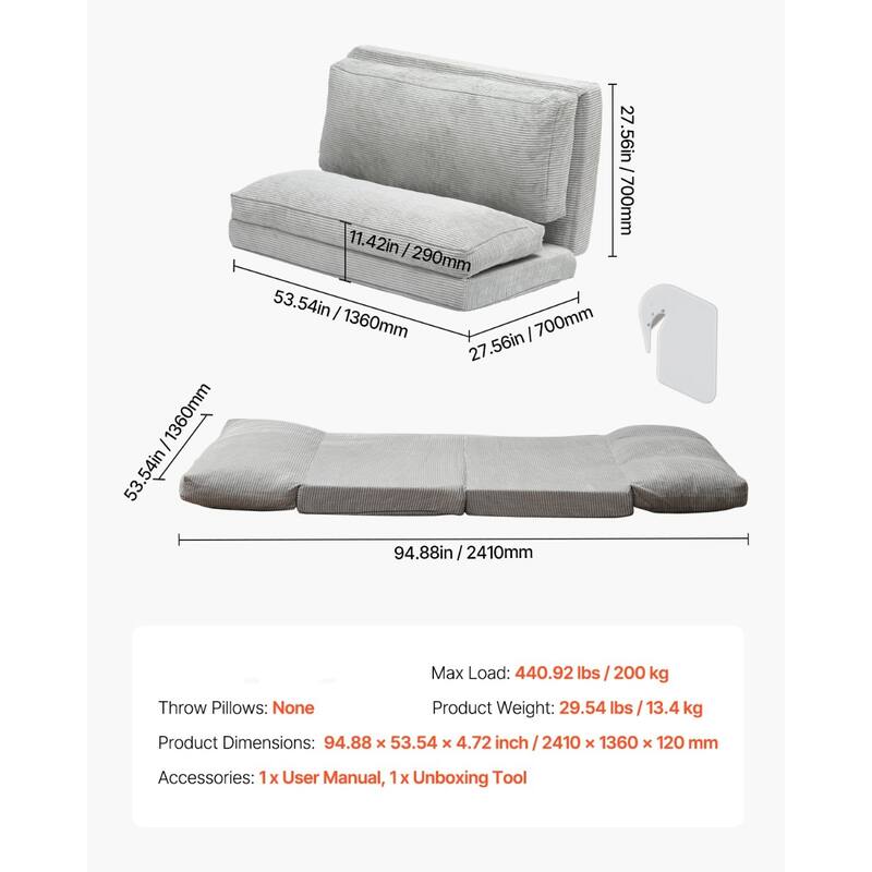 Dark Grey Full Foam Fabric Foldable Sofa Bed with Ergonomic Backrest - 94.88” L x 54” W x 4.72” H