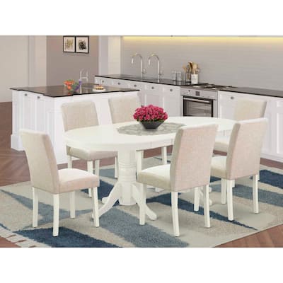 French Country Dining Set 7Pc - Table & 6 Chairs - Linen White Legs - Beige Fabric - Butterfly Leaf