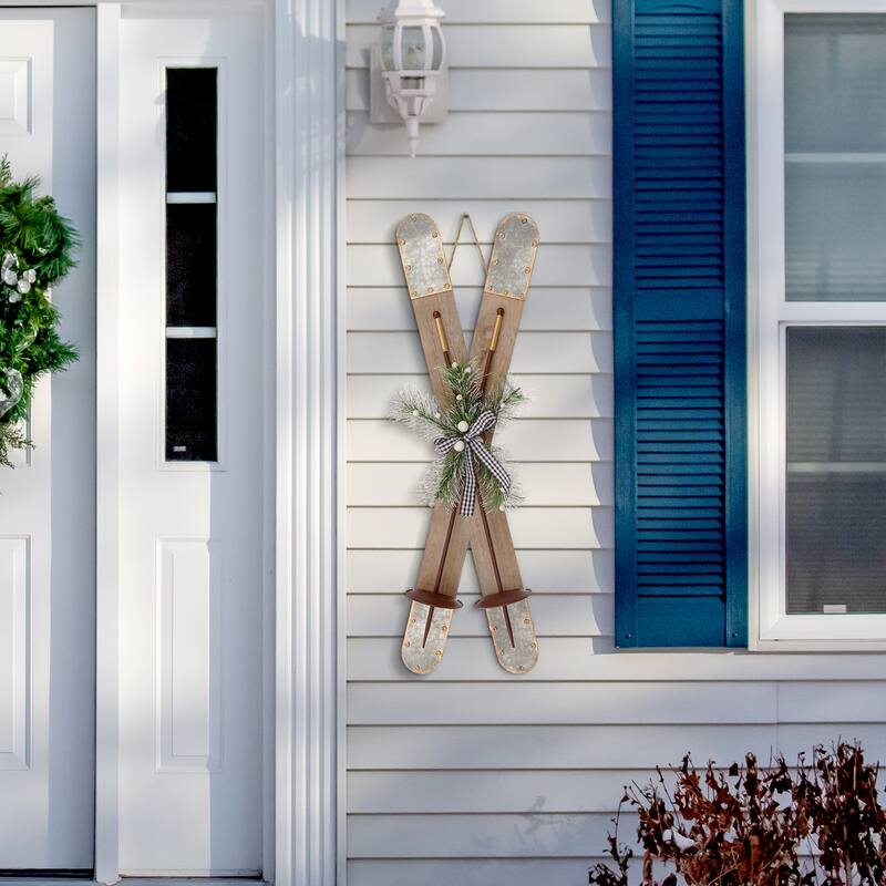Glitzhome 35"H Christmas Wooden/Galvanized Ski Decor - Natural