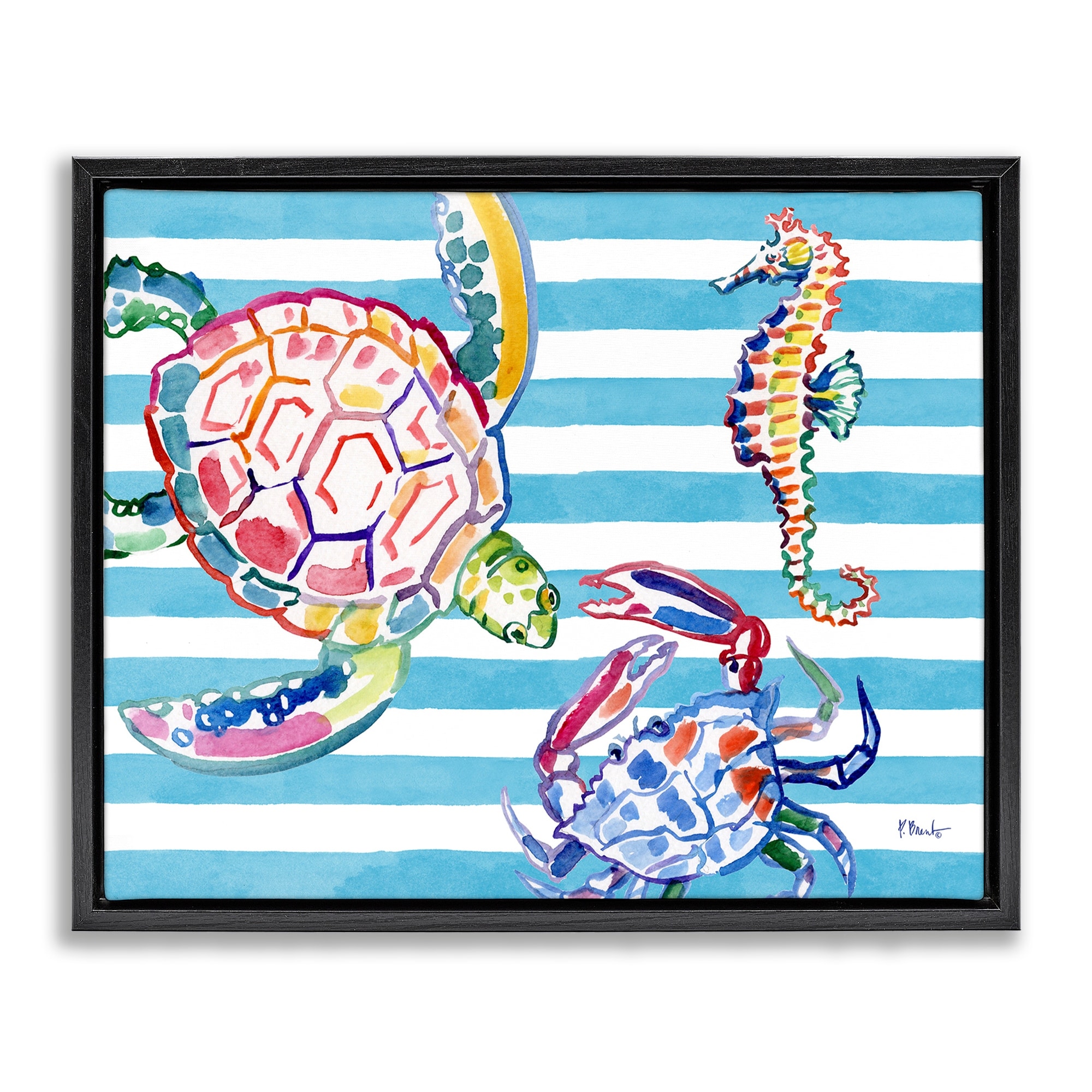Stupell Brushed Sea Life on Stripes Framed Floater Canvas Wall Art Design By Paul Brent