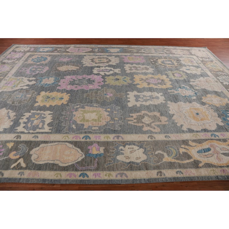 Hand Knotted Oriental 100% Wool Carpet Transitional All-Over Greys & Charcoal Oushak Area Rug - 14' 4'' X 9' 11''