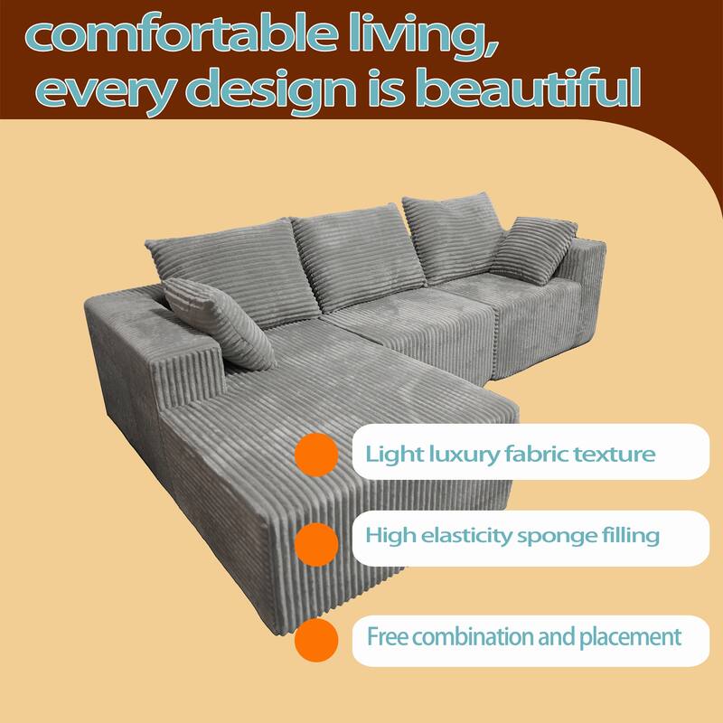 Gray Corner Combination Sofa, Fabric & Foam, 107x39x26 inches, 152 lbs
