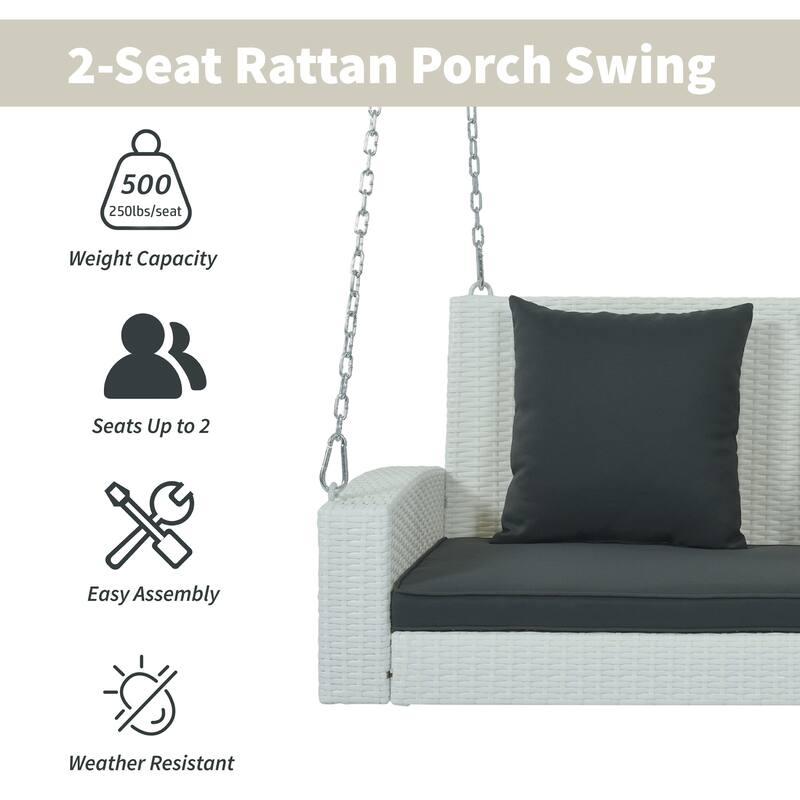 Outdoor Patio 2Person Wicker Hanging Rattan Porch Swing with Chains