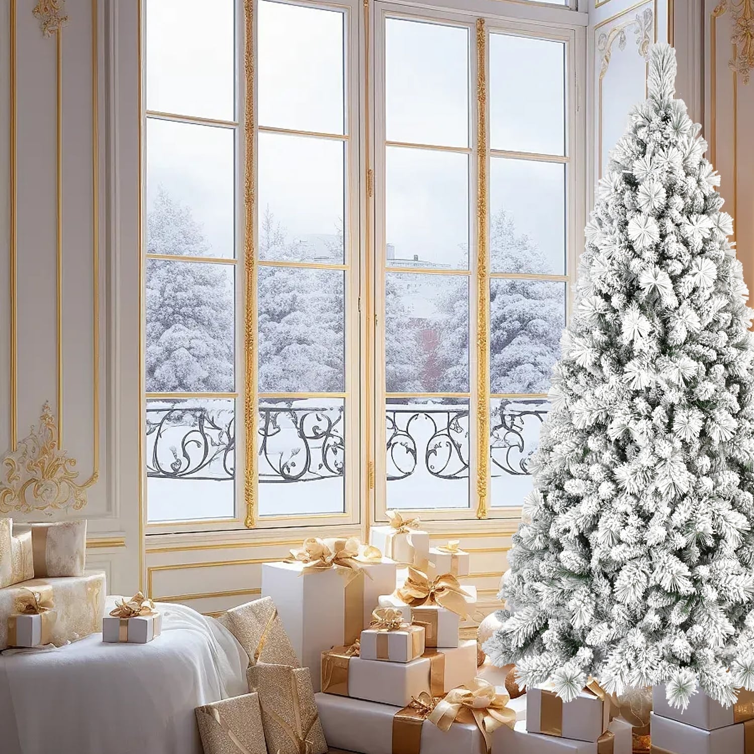 Flocked Artificial Christmas Tree - Snowy PVC & Hard Needle Branches, Hinged Structure, Metal Stand - Green,White