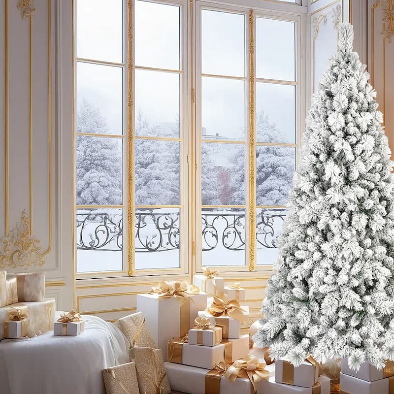 Flocked Artificial Christmas Tree - Snowy PVC & Hard Needle Branches, Hinged Structure, Metal Stand - Green,White