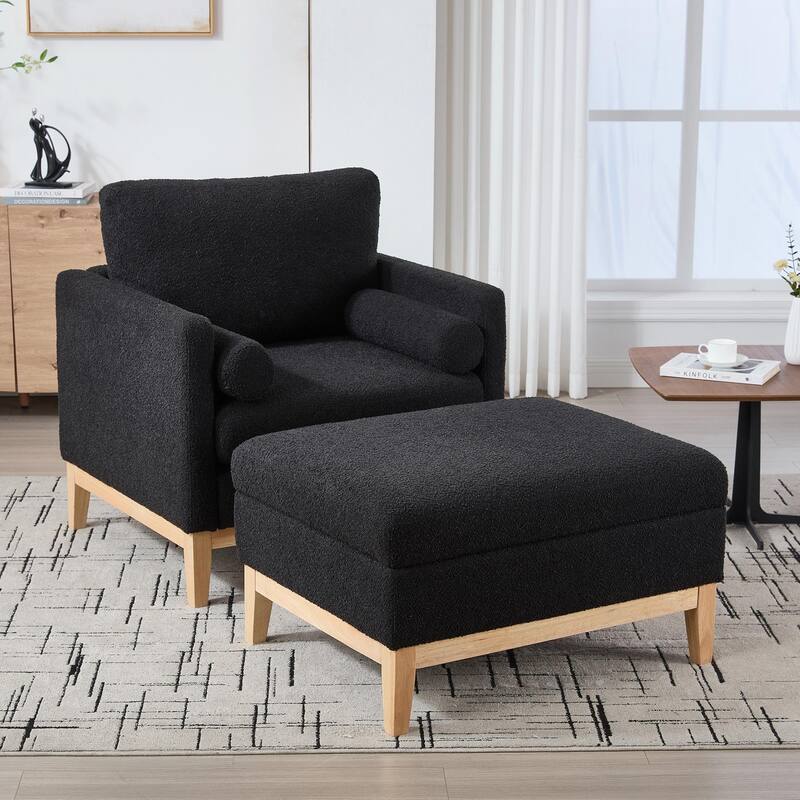 Boucle Armchair with Storage Ottoman - 300lb Capacity, Farmhouse Style - Black + Gold - With Ottoman