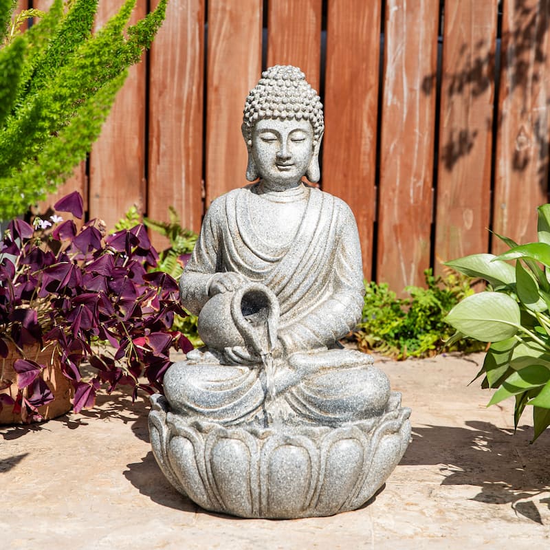 Glitzhome Polyresin Meditating Buddha Frog/Elephant Statue Outdoor Water Fountain with LED Lights
