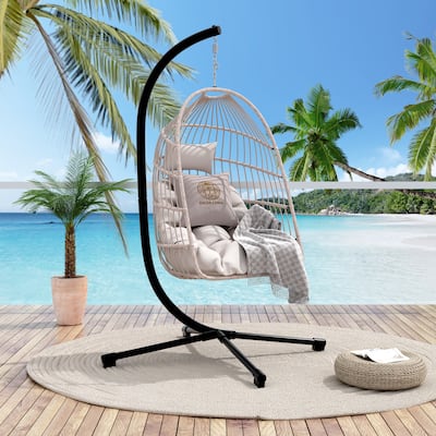 Foldable Hanging Chair with Stand and Pillow,HDPE Rattan and Aluminum-Steel Frame,Wicker Egg Chair with Headrest and Cushioned