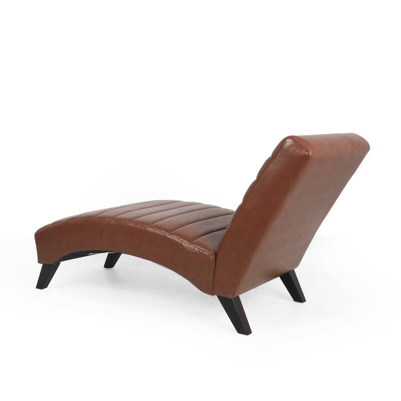 Roomfitters Modern Faux Leather Chaise Lounge with Curved Seat and Padded Channel Tufting, Light Brown