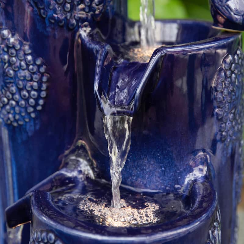 Glitzhome 27" H 4-Tier LED Ceramic Outdoor Floor Fountain with Birds, Cobalt Blue Turquoise Dandelion Texture Vase-Shaped