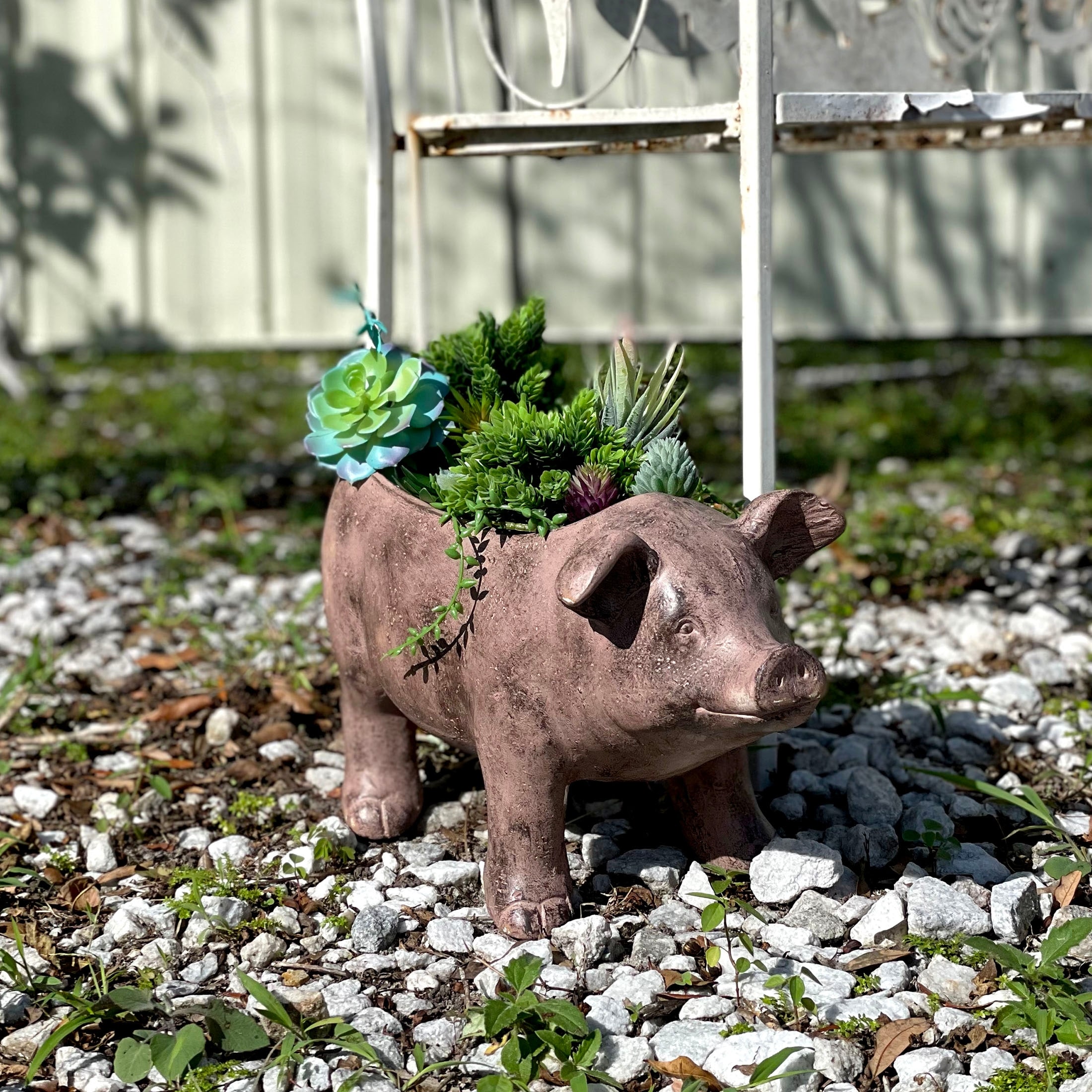 Zeckos 17 Inch Brown Finish Smiling Pig Resin Planter Plant Pot