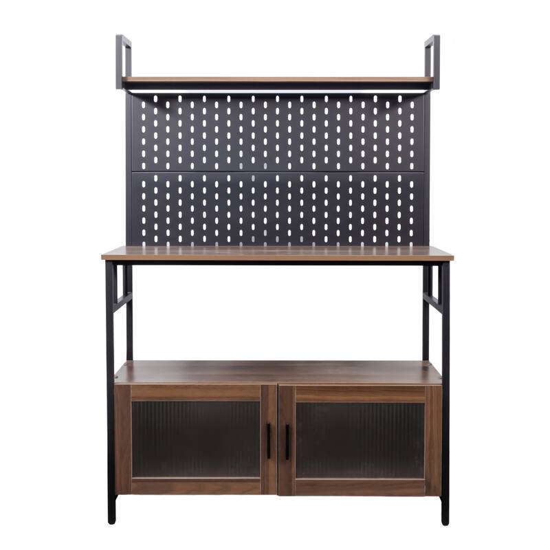 Roomfitters Kitchen Baker's Rack with Doors, Microwave Oven Stand, Utility Storage Shelf and Pegboard Organizer, Walnut