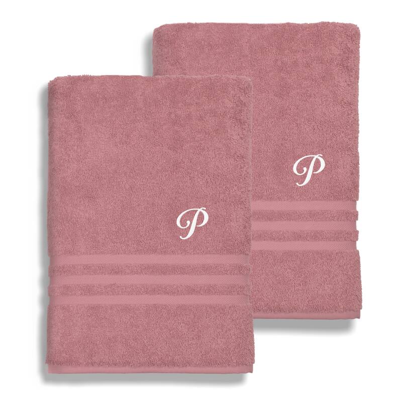 Authentic Hotel and Spa Omni Turkish Cotton Terry Set of 2 Tea Rose Bath Towels with White Script Monogrammed Initial - P