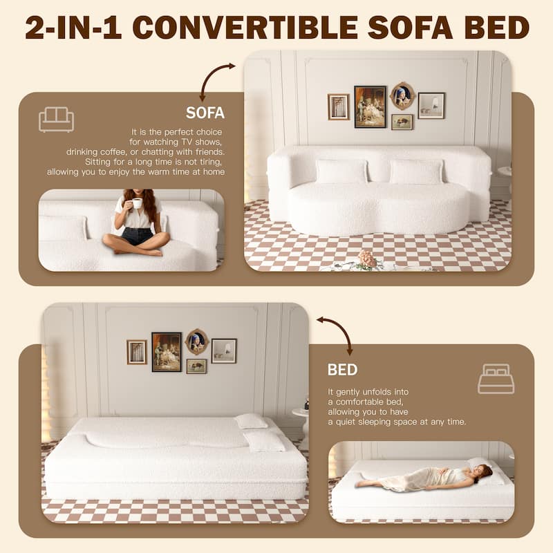 Convertible Floor Sofa with Teddy Fabric, Twin Mattress & No Assembly