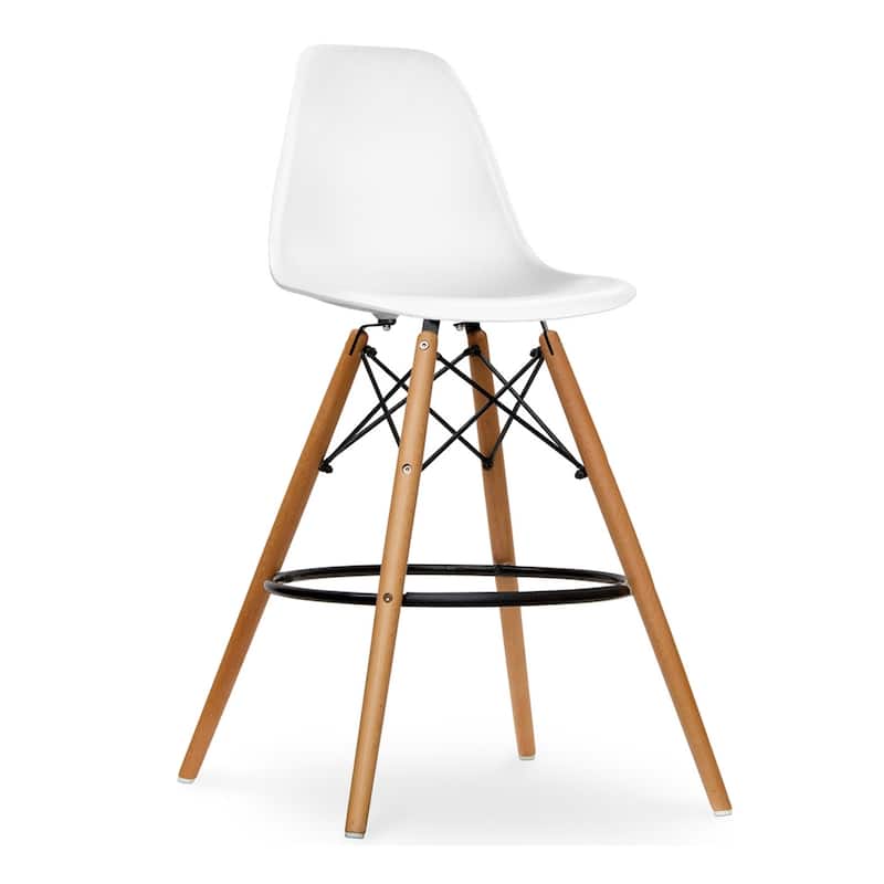 Plastic Seat Brown Wood Counter Height Bar Chair with Footrest - 21” x 22” x 41” (D x W x H) - White