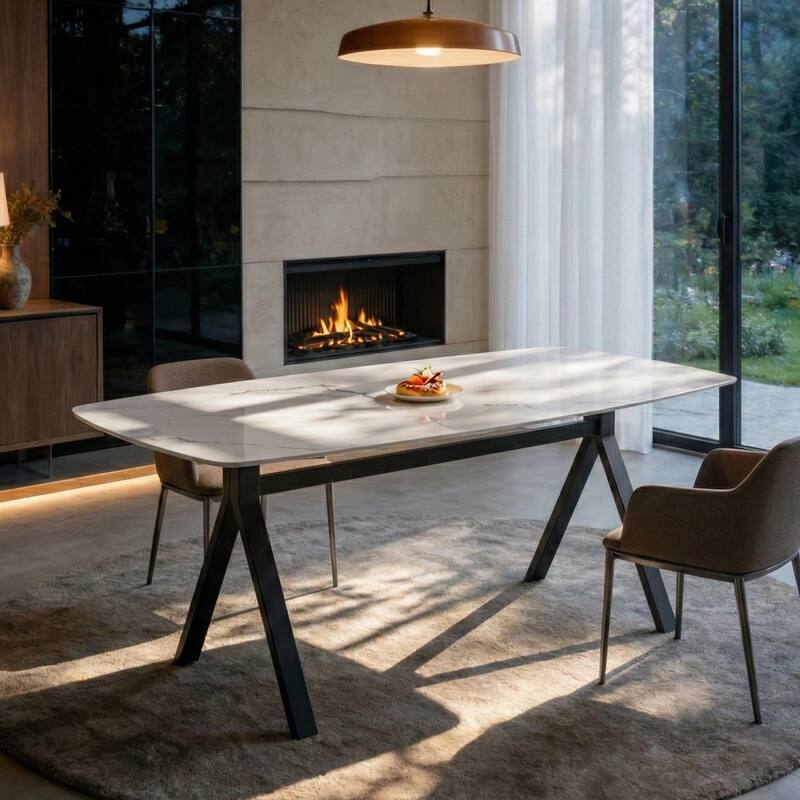 Rectangular dining table featuring a tempered glass tabletop with a marble-patterned design for restaurant dining settings