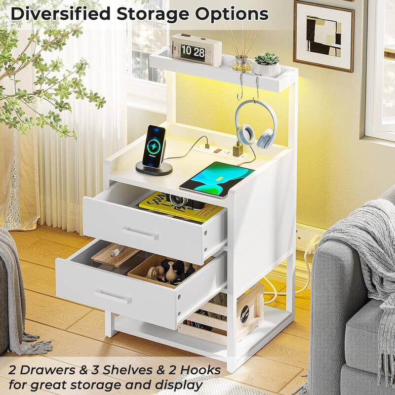 2 Drawer Nightstand with LED Lights Charging Station