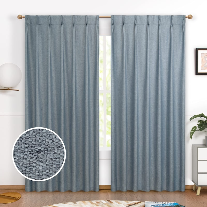 DriftAway Pinch Pleat Faux Linen Textured Blackout Curtains - 52" Width X 84" Length - Dusty Blue