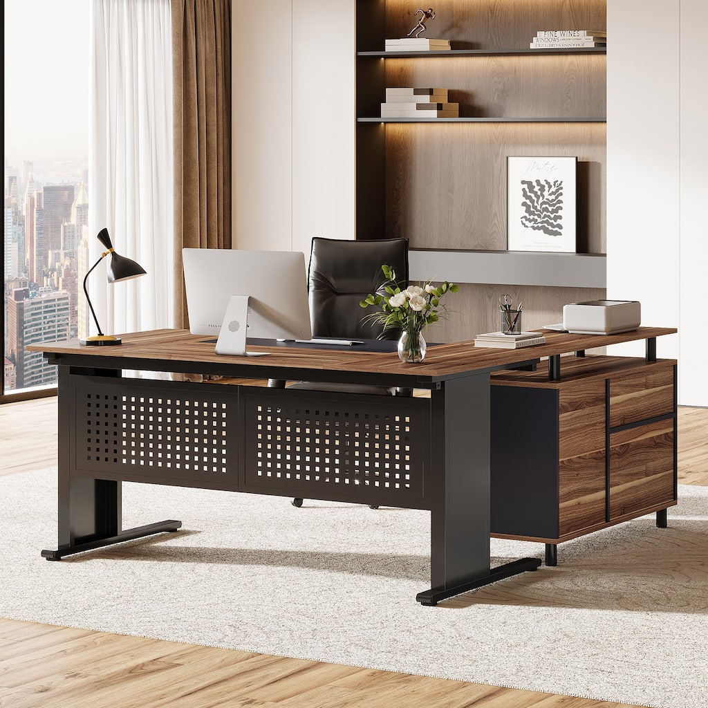 63-Inch L-Shaped Executive Desk with Storage Shelves
