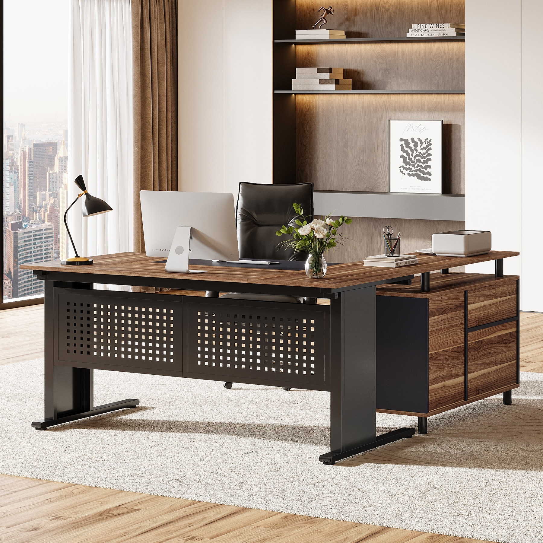 63-Inch L-Shaped Executive Desk with Storage Shelves