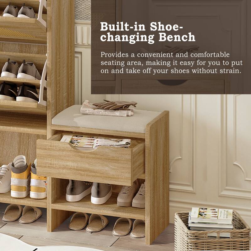 Roomfitters Rattan Shoe Storage Cabinet with Bench and Flip Compartments for Entryway, Light Brown