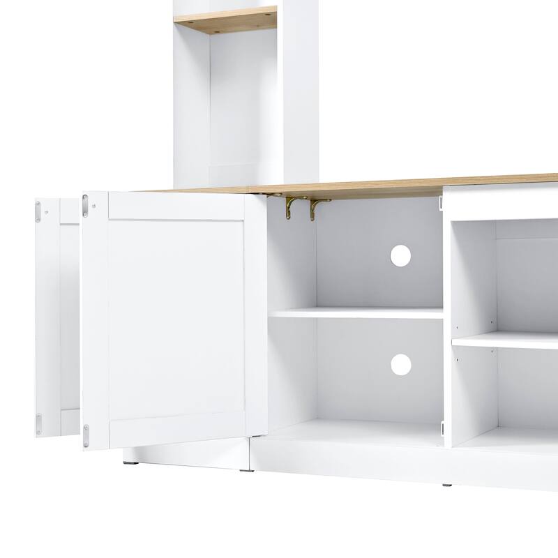 Elegant Arched Entertainment Center Wall Unit with Bookshelf, Farmhouse TV Stand with Wood Grain for TVs Up to 70"